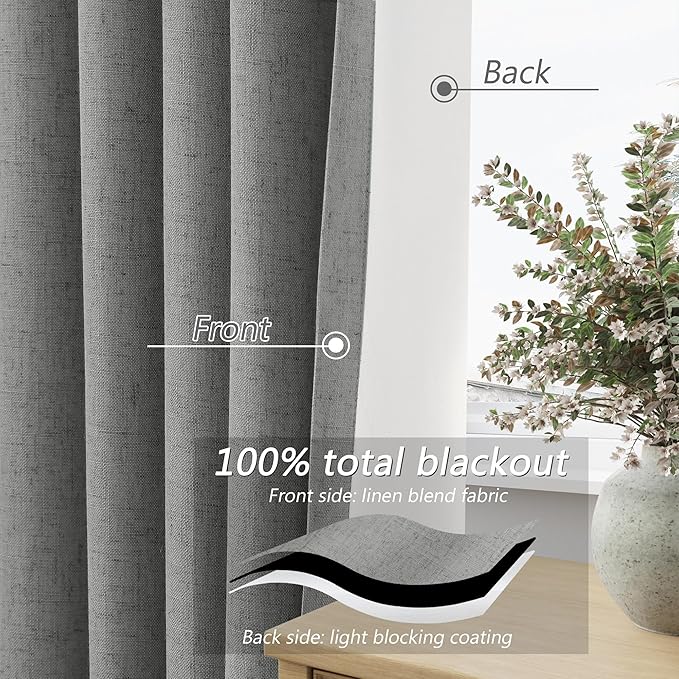 Guken 100% Blackout Linen Curtains 80 Inch Length 2 Panels Set for Living Room Bedroom Back Tab Thermal Insulated Black Out Linen Drapes Room Darkening Window Curtains,Dark Grey