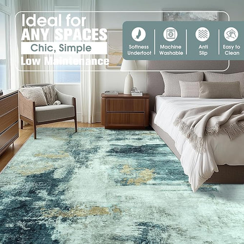 10x14 Area Rugs for Living Room Rug Washable: Abstract Large Rug Indoor Modern Carpet Non Slip for Dining Room Bedroom Nursery Home Office Teal Grey Gold