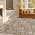 Washable Dining Room Rugs for Under Table - 7x9 Moss Green Oriental Area Rug for Living Room, Low Pile Non-Slip Floor Carpet for Bedroom Under Bed - Vintage Brown Neutral Design & Stain Resistance