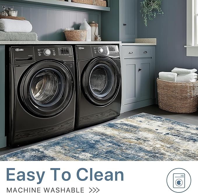 Area Rugs 5x8 for Living Room Bedroom, Modern Abstract Machine Washable Rug, Large Soft Low Pile Floor Carpet with Non Slip Backing for Dining Room, Navy Blue Beige