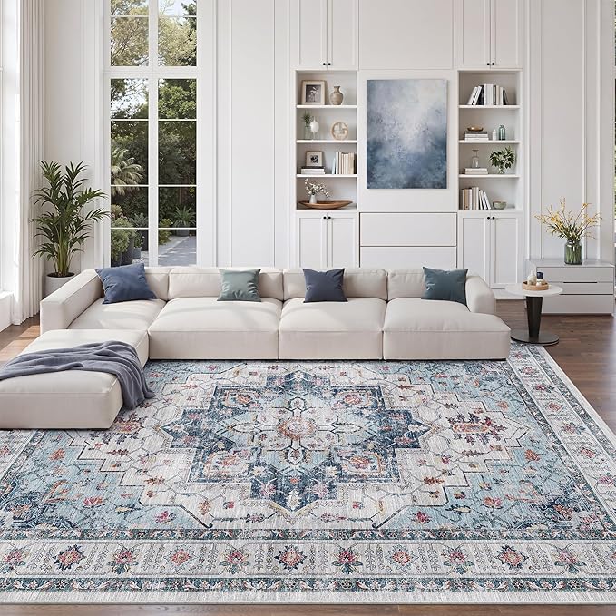 zesthome 8x10 Area Rugs,Stain Resistant Washable Rug,Ultra-Thin Rugs for Living Room,Bedroom,Non-Slip Backing Home Decor Large Area Rug (Blue,8'x10')