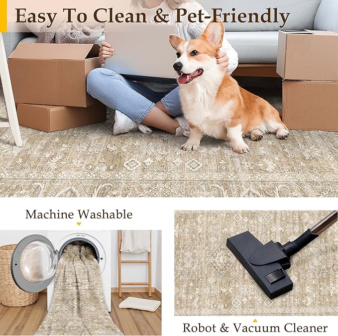 2x8 Washable Runner Rug for Hallway Kitchen Vintage Beige Non Slip Low Pile Carpet Traditional Retro Soft Throw Rug for Bathroom Bedroom Entryway Indoor Entrance