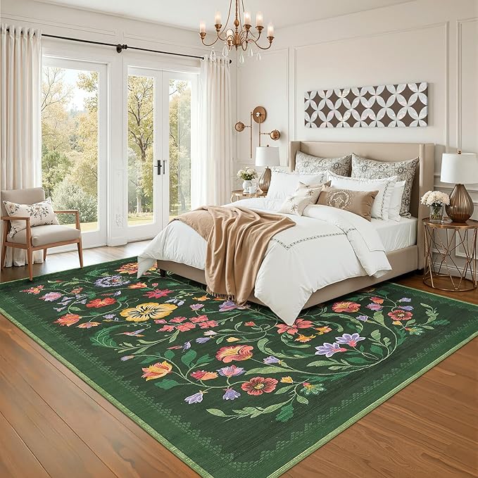 GarveeHome Washable Rug 4x6 Area Rugs for Living Room, Floral Rug for Bedroom, Soft Boho Non Slip Throw Rugs with Rubber Back, Low Pile Stain Resistant Vintage Floral Carpet for Dining Room, Green