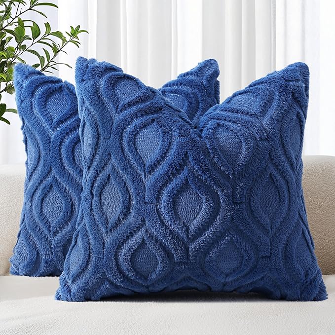 decorUhome Throw Pillow Covers 26x26 Inch Set of 2, Soft Plush Faux Wool Dark Blue Solid Couch Pillow Covers, Accent Euro Sham Farmhouse Neutral Square Pillow Cases for Sofa Bed Living Room