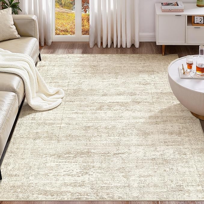 UERMEI 7x9 Area Rug Living Room Rugs - Washable Neutral Modern Abstract Soft Thin Rug Indoor Floor No Slip Rug Carpet for Bedroom Under Dining Table Home Office Decor - Beige/Brown