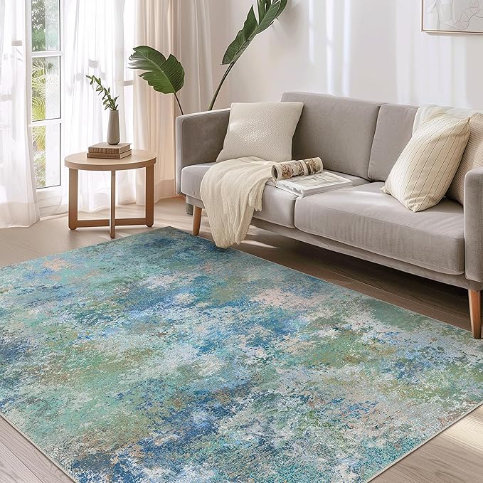 BEIMO Area Rugs 4x6 for Living Room Bedroom, Modern Abstract Machine Washable Rug, Large Soft Low Pile Floor Carpet with Non Slip Backing for Dining Room, Blue Green