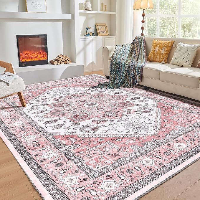 OPPODREAM Soft 10x14 Area Rugs, Washable Rugs 10x14 with Non Slip Backing, Low-Pile Faux Cashmere 10 x 14 Carpet, Pink & Cream