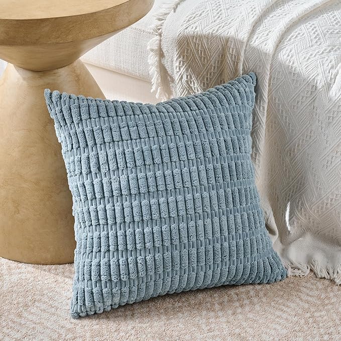 Fancy Homi 4 Packs Boho Light Blue Decorative Throw Pillow Covers 16x16 Inch for Couch Bed Sofa, Rustic Modern Farmhouse Home Decor, Soft Plush Corduroy Cute Square Cushion Case 40x40 cm