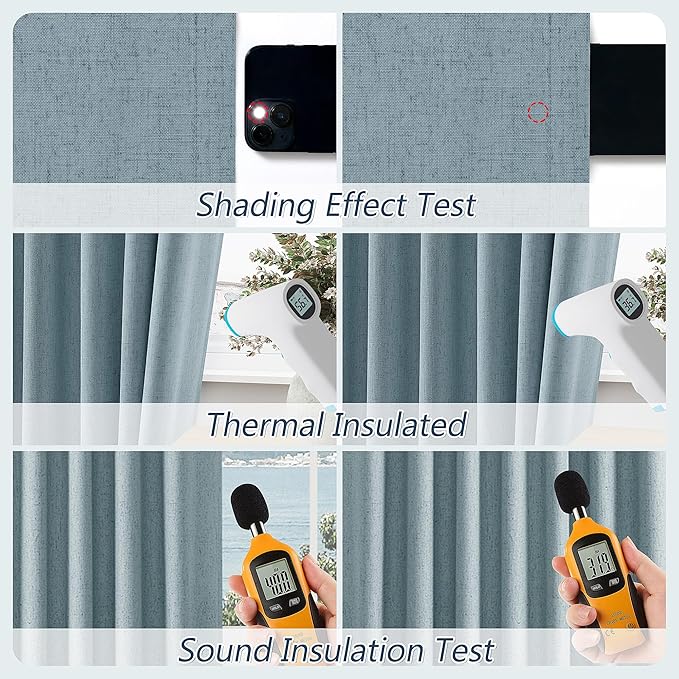 Guken Blue 100% Blackout Linen Curtains 120 Inch Length 2 Panels Set for Living Room Bedroom Back Tab Rod Pocket Thermal Insulated Black Out Drapes Room Darkening Farmhouse Window Curtains 52x120