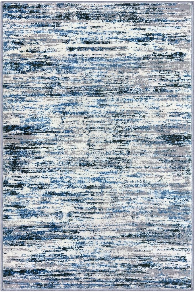 Lansny Modern Abstract Small Area Rug Indoor 3x5 Washable Rug Non-Slip Soft Entryway Rug Grey Blue White Kitchen Mats Thin Print Faux Wool Floor Carpet Throw Rugs for Entrance Bedroom Home Decor