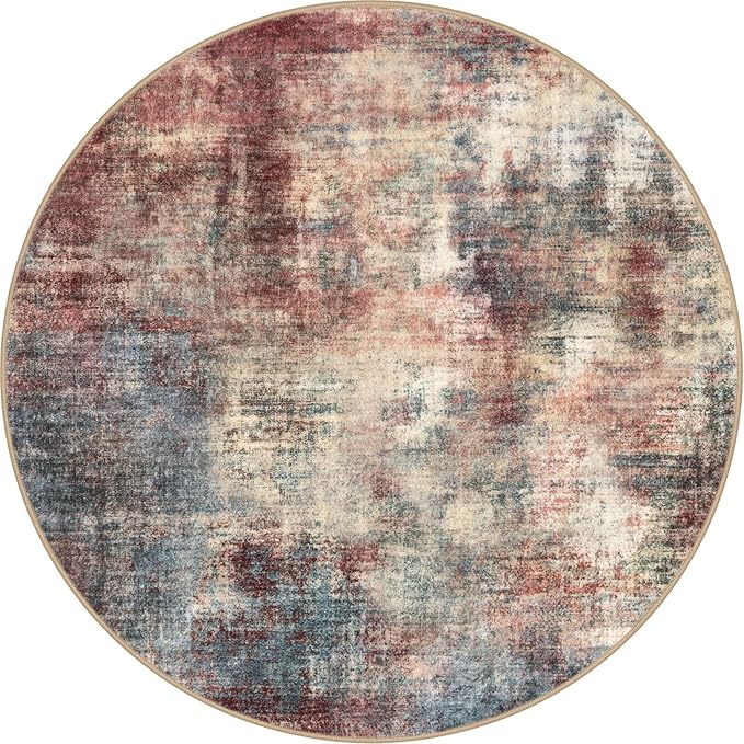 IOHOUZE Round Area Rug 3 Ft Circle Entryway Rugs Round Washable Door Mat Indoor Entrance, Non Slip Circle Front Door Rug, Printed Abstract Faux Wool Floor Carpet for Foyer Porch Sink, Red/Multi