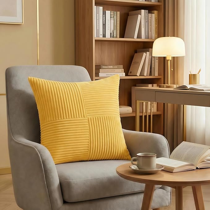 Fancy Homi 2 Packs Yellow Decorative Throw Pillow Covers 16x16 Inch for Living Room Couch Bed, Rustic Farmhouse Boho Home Decor, Soft Corss Patchwork Corduroy Textured Square Cushion Case 40x40 cm