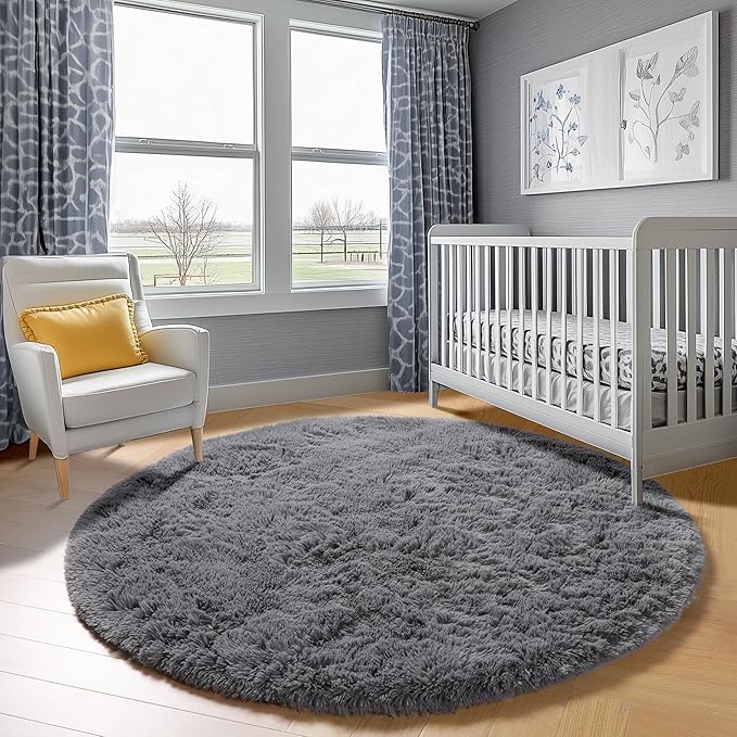 ONASAR Grey Round Area Rugs 6ft, Fluffy Gray Soft Bedroom Circle Rug for Kids Girls Boys Teen Room, Fuzzy Plush Shaggy Floor Carpet Mats for Dorm Nursery Living Room Playroom Home Office Decor