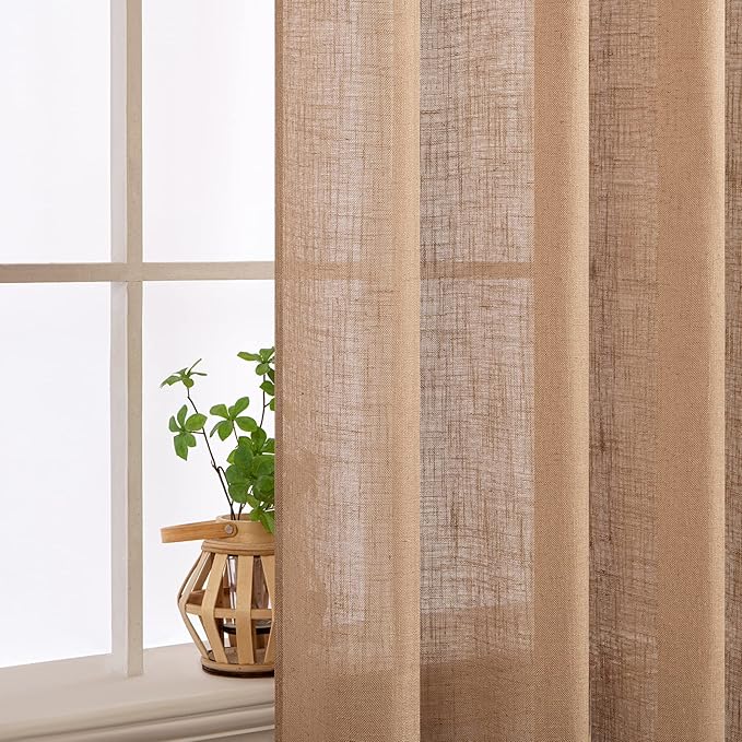 MIULEE Brown Linen Curtains 72 Inch Length for Bedroom Living Room, Soft Thick Linen Textured Window Drapes Semi Sheer Light Filtering Back Tab Rod Pocket Burlap Look Farmhouse Decor, 2 Panels