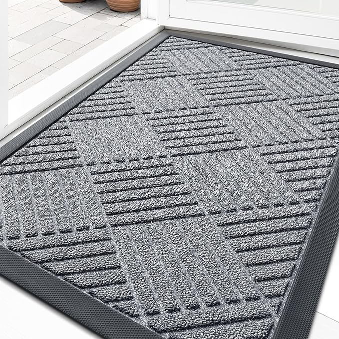 OLANLY Front Door Mat Outside Entrance 33x21, Absorbent, Heavy Duty Sturdy Natural Rubber Doormat Indoor Outdoor, Stain Fade Resistant, Non-Slip Low Profile Floor Mat Entryway, Charcoal Gray Diamond