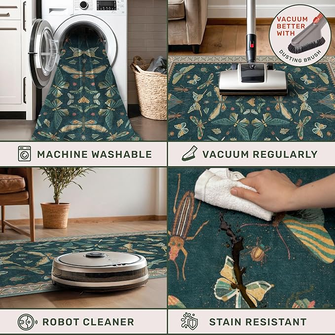 Hazo Haus Teal Green Living Room Rugs - 10x14 Large Area Rug for Dining Room, Big Bedroom, Playroom Kids, Foldable Insect Décor