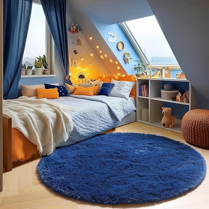 ONASAR Navy Blue Round Rugs 6ft for Living Room Bedroom, Fluffy Circle Area Rug for Kids Girls Boys Teen, Soft Plush Shaggy Carpet for Nursery Dorm Classroom Playroom Home Decor Aesthetic