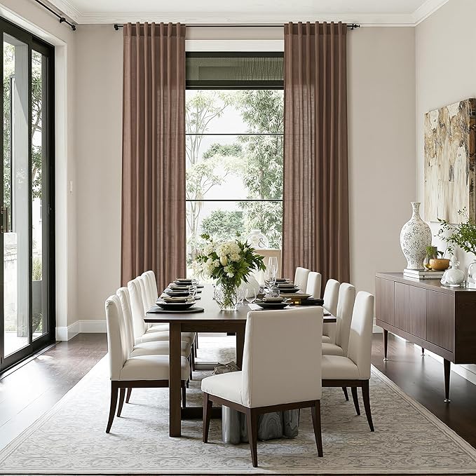 Caramel Brown Linen Curtains for Living Room Extra Long 132 Inches Long Back Tab Light Filtering Semi Sheer Curtain Vintage Rustic Decor Floor to Ceiling High Window for Bedroom 52x132, 2 Panels