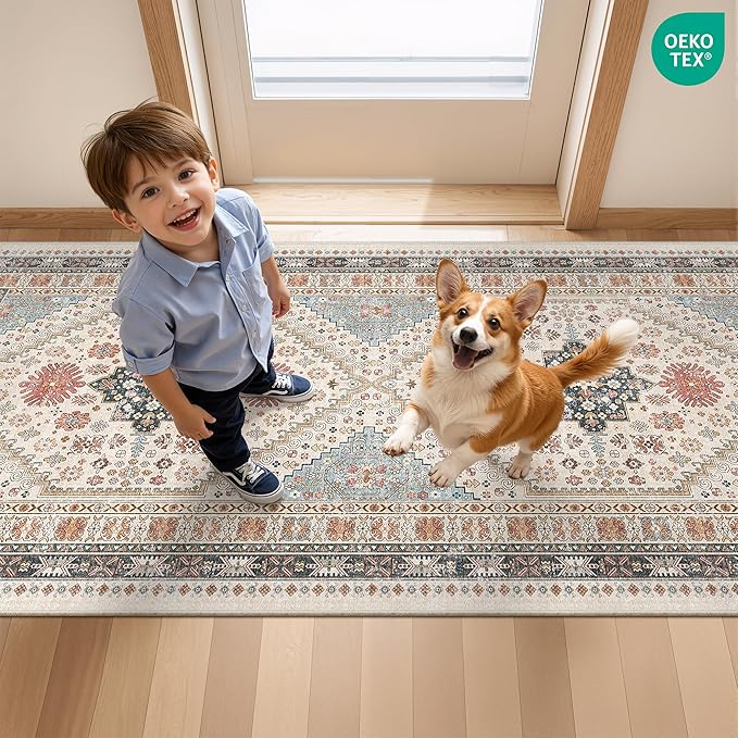 2x5 Rug Runner Washable for Entryway, Soft Bathroom Rugs with Non-Slip Backing,Vintage Low Pile Stair Runner, Small Kitchen Carpet for Hallways, Laundry Room(Blue/Red/Multi,2'x5')