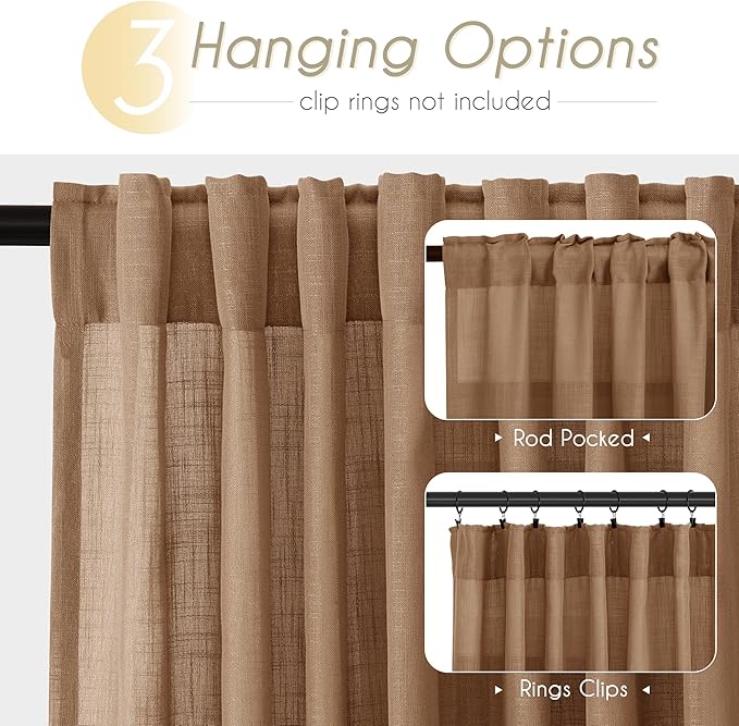 Brown Curtains for Living Room Back Tab Modern Farmhouse Semi Sheer Curtains 96 inches Long 2 Panels Set Muted Neutral Window Curtain for Dining Room Bedroom 52x96