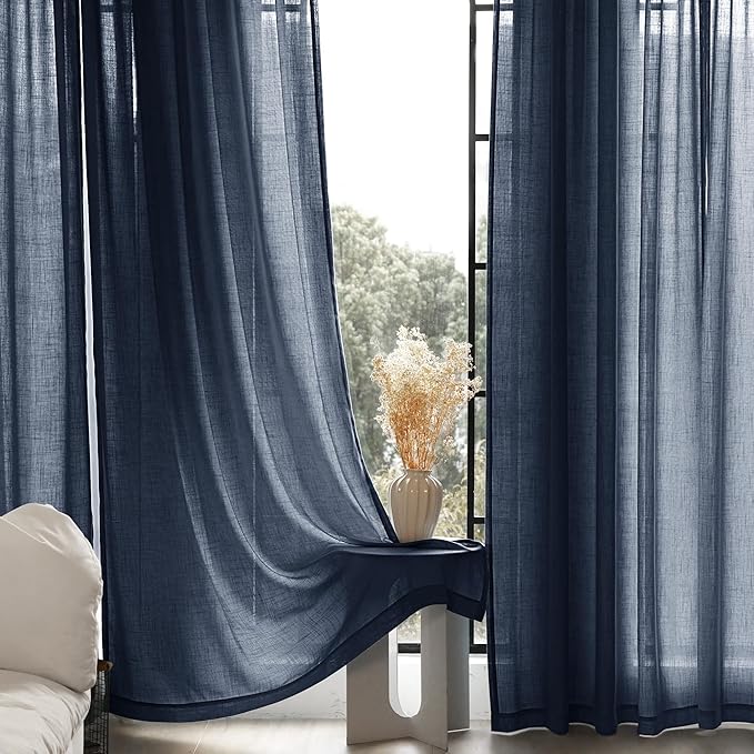 Navy Blue Curtains 84 inch Length for Bedroom Back Tab Light Filtering Semi Sheer Blue Living Room Curtains Linen Cotton Textured Indigo Blue Drapery Panel Modern Aesthetic Decor 42" Wx84 L