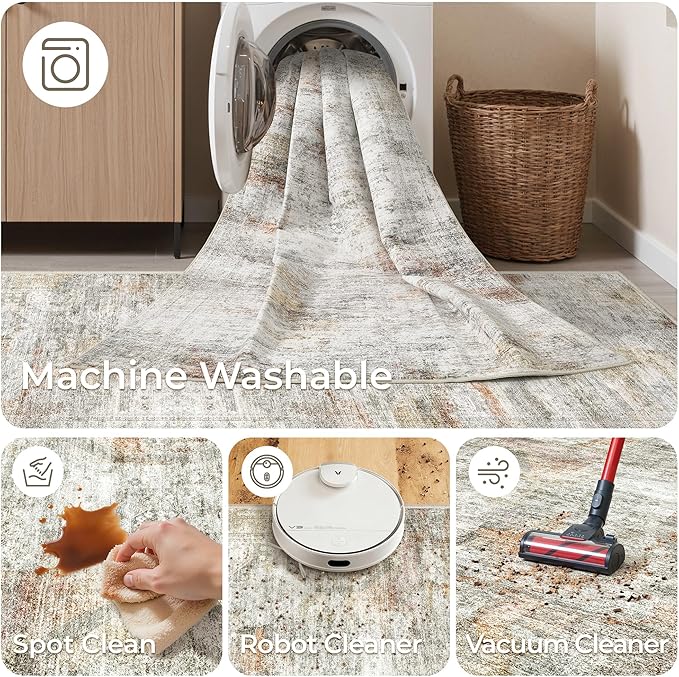 Kitchen Runner Rug Non Slip - 2.5 x 8 Runners for Hallways, Entryway, Bedroom, Washable Runner Rugs for Bathroom, Laundry Room, Low Pile Soft Vintage Area Rug(2.5'x8', Grey/Rust)