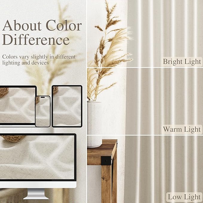 Nanspring Mousse White Linen Curtains for Living Room 72 Inches Long Luxury Light Filtering Semi Sheer Curtain Back Tab Simple Modern Elegant Coastal Decor Drapes for Bedroom Office 52x72, 2 Panels