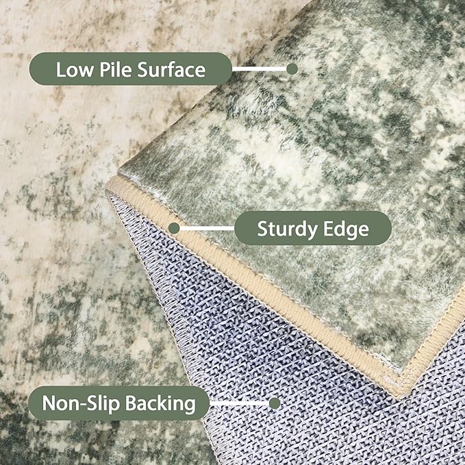 Runner Rug for Hallway Kitchen, 2x10 Machine Washable Runners Rug for Entryway, Soft Modern Abstract Throw Rugs, Low Pile Floor Cover with Non Slip Backing, Grey/Dark Green