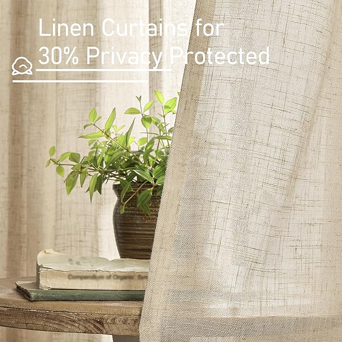 LAMIT Light Filtering Linen Curtains 78 inch for Bedroom, Faux Linen Textured Semi Sheer Back Tab and Rod Pocket Boho Modern Drapes for Living Room/Farmhouse, Brown, 2 Panels, 52 x 78 Inch