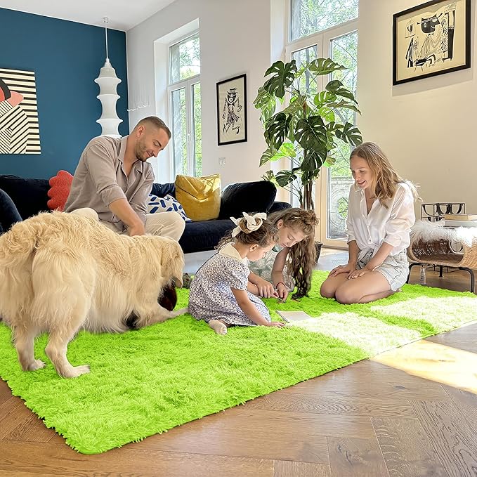 OLANLY 3x5 Machine Washable Small Bedside Rug, Soft Fluffy Shaggy Rugs for Living Room, Bedroom, Indoor Floor Carpet for Kids Girls and Boys, Preppy Dorms, Nursery, Home Decor Aesthetic, Lime Green
