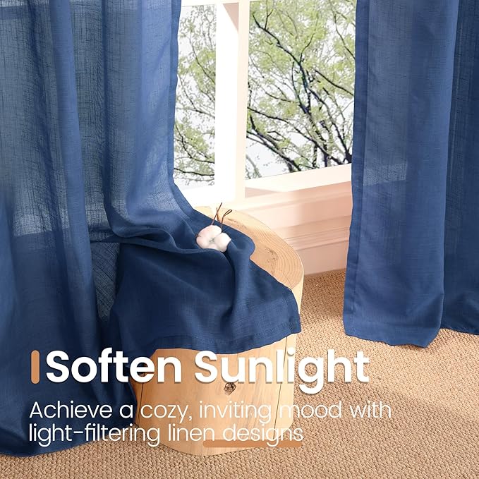 BGment Navy Blue Small Linen Curtains 36 Inch Length for Kitchen Window, Semi Sheer Drapes Lightweight for Bathroom Cafe Decor with Rod Pocket, 2 Panels Set, 30 Inch Wide
