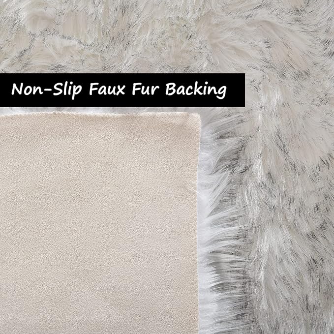 Goolela Round Sheepskin Rugs 4ft Circle Fluffy Faux Fur Rug Shaggy Rug for Bedroom Dorm Living Room Plush Shag - White with Grey Tips