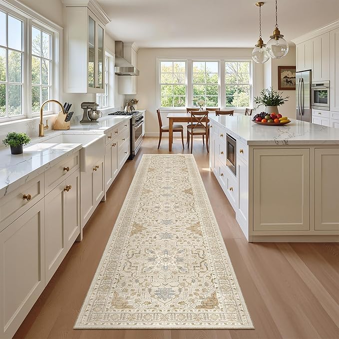 Madane Runner Rugs for Hallway 2x10 Long Washable Non-Slip Hallway Runner Rug Low-Pile Stair Kitchen Runner Soft Throw Carpet for Entrance Living Dining Laundry Room (Beige/Blue, 2 x 10)