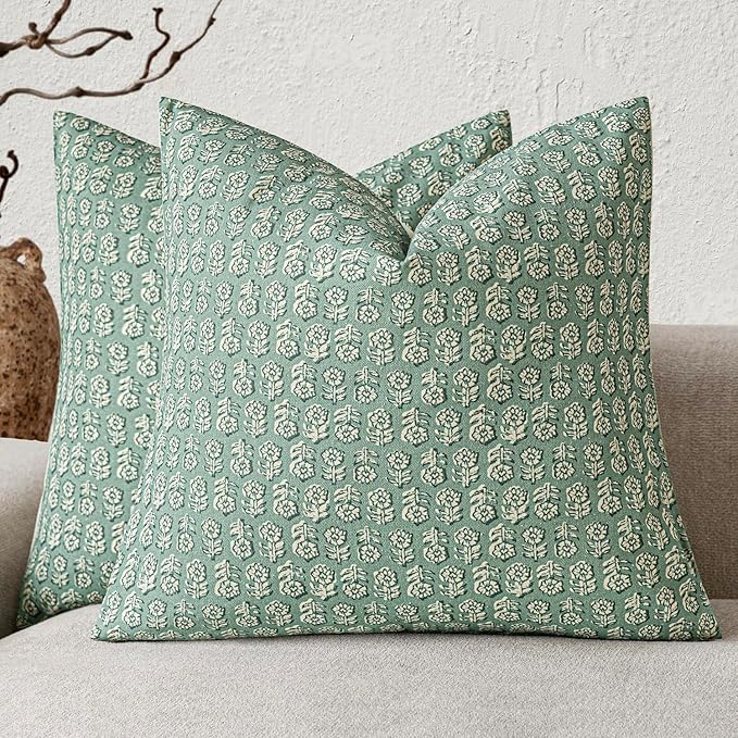 Foindtower Set of 2 Decorative Vintage Floral Print Throw Pillow Covers Neutral Modern Farmhouse Cushion Covers Boho Home Decor for Sofa Couch Chair Bedroom Living Room Outdoor,20×20 Inch,Aqua Blue