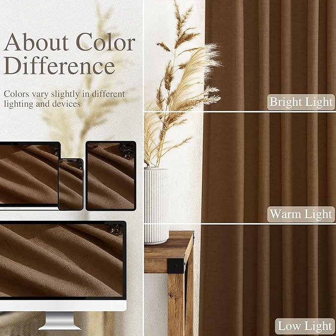 Tobacco Brown Linen Curtains 90 Inch Long for Bedroom Living Room Linen Textured Window Drapes Semi Sheer Light Filtering Rod Pocket Back Tab Cotton Textured Farmhouse Curtain 52x90,2 Panels