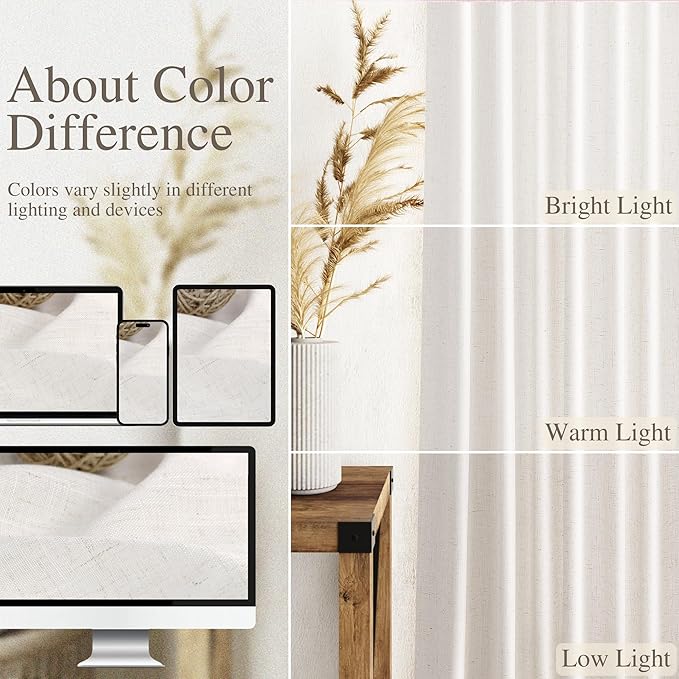 Ivory White Linen Curtains 108 Inches Long Back Tab Pocket Modern Farmhouse Linen Light Filtering Curtain Extra Long Semi Sheer Curtain Drapes for Living Room Bedroom 9Ft 52X108,2 Panels