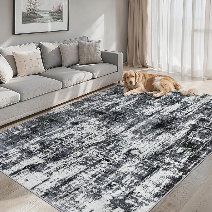 8x10 Area Rugs for Living Room - Washable Rug Modern Abstract Soft Large Neutral Non-Slip Carpet Indoor Floor Thin Carpets for Bedroom Dining Room Farmhouse Nursery Home Office Black