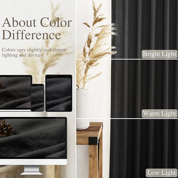 Extra Wide 100 Inch Linen Curtains for Living Room Divider Light Filtering Semi Sheer Back Tab Patio Curtains for Sliding Door Black Coastal Decor Sunroom Floor to Ceiling Window Curtain 100x84