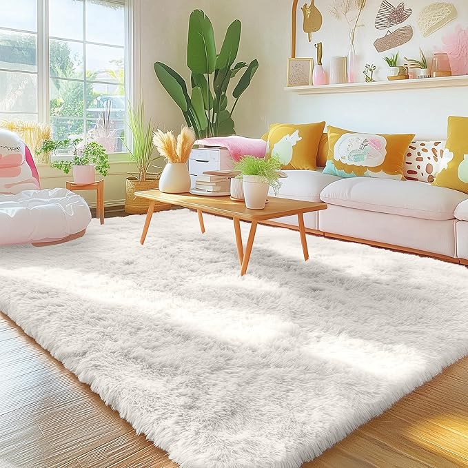 OLANLY 4x8 Area Rugs for Living Room Bedroom, Machine Washable Soft Fluffy Shaggy Bedside Rug, Indoor Floor Carpet for Kids Girls and Boys, Dorms, Nursery Rooms, Home Decor Aesthetic, Ivory