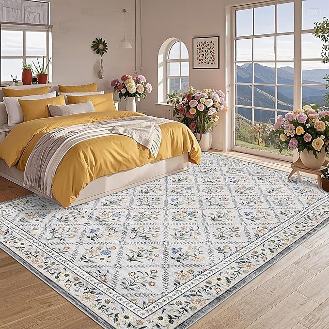 GarveeHome Grey Floral Rug 4x6 Rug Machine Washable Area Rug for Living Room Farmhouse Floral Low Pile for Dining Room, Bedroom Indoor Foldable Non-Slip Grey Beige RV