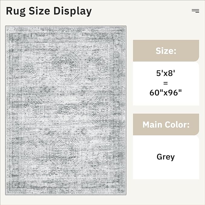 Soalmost 5x8 Area Rugs Grey Low Pile Indoor Washable Trendy Faded Style Rugs for Bedroom Living Room Dining Room Foldable Non-Slip Thin Print Home Office Mat
