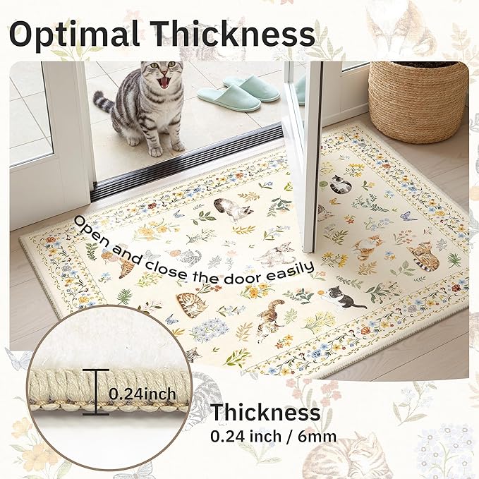 Cat 8x10 Area Rugs for Living Room, Machine Washable Animal Floral Vintage Rug Non-Slip Low Pile Soft Throw Large Rugs for Bedroom Dining Room Kitchen Nursery Playroom (8 x 10,Beige)