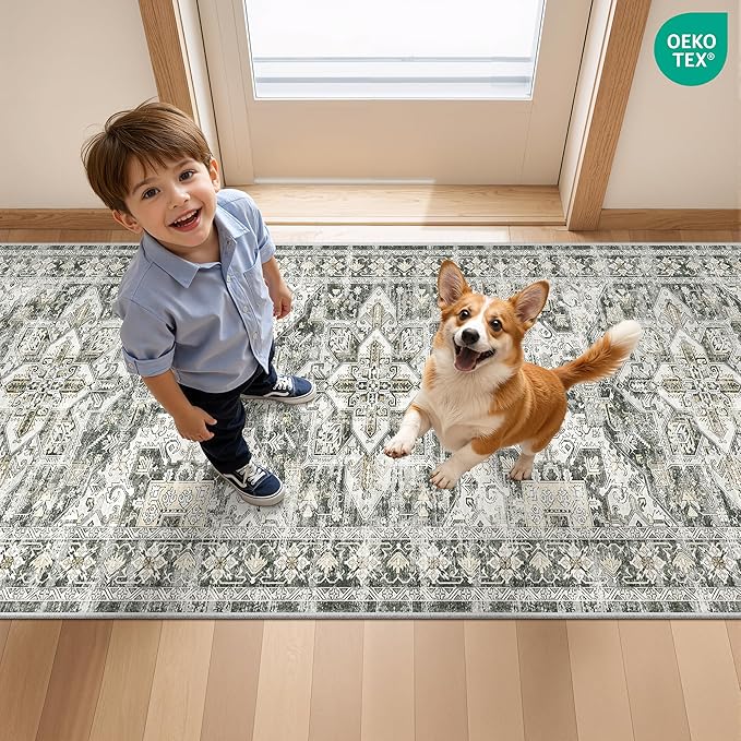Runner Rug 2x8 Runners for Hallways Non Slip Washable, Vintage Hallway Runner Rugs for Living Room, Low Pile Soft Hallway Rug for Kitchen Bedroom Laundry Room Rug(Grey/Beige,2'x8')
