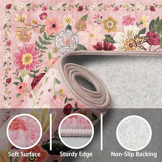 2x4 Entryway Runner Rugs, Non Slip Washable Rugs with Rubber Backing Soft Floral Carpet Runner for Kitchen, Laundry, Bedroom, Bathroom(2 x 4, Pink Garden)