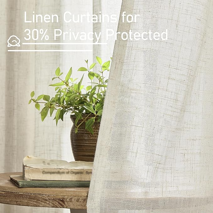 LAMIT Short Kitchen Linen Curtains 30 Inch Length for Small Windows, Cream Ivory Semi Sheer Light Filtering Panels Back Tab and Rod Pocket Cafe Drapes for Half Window, 2 Panels, 25 x 30 Inch