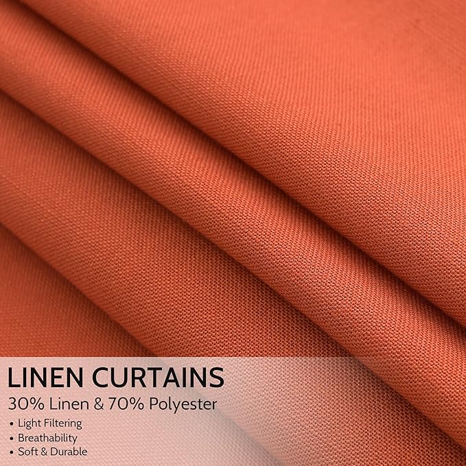 Nanspring Bright Orange Linen Blend Light Filtering Back Tab Curtains 102 Inches Long, Semi Sheer Privacy Drapes for Living Room & Bedroom, 52x102 inch, 2 Panels
