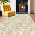 Hazo Haus Light Beige Green Floral Living Room Rug, 7x9 Washable Area Rug for Kids Room, Bedroom, Nursery Room, Living Room, Dining Room, Low Pile Non-Slip - Vintage Design & Stain Resistance
