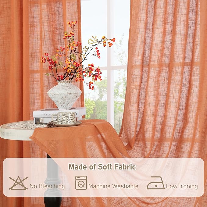 LAMIT Burnt Orange Sheer Linen Curtains, 108 inch Light Filtering Semi Sheer Panels Back Tab and Rod Pocket Fall Decor Drapes for Bedroom/Living Room, 2 Panels, 52 x 108 Inch