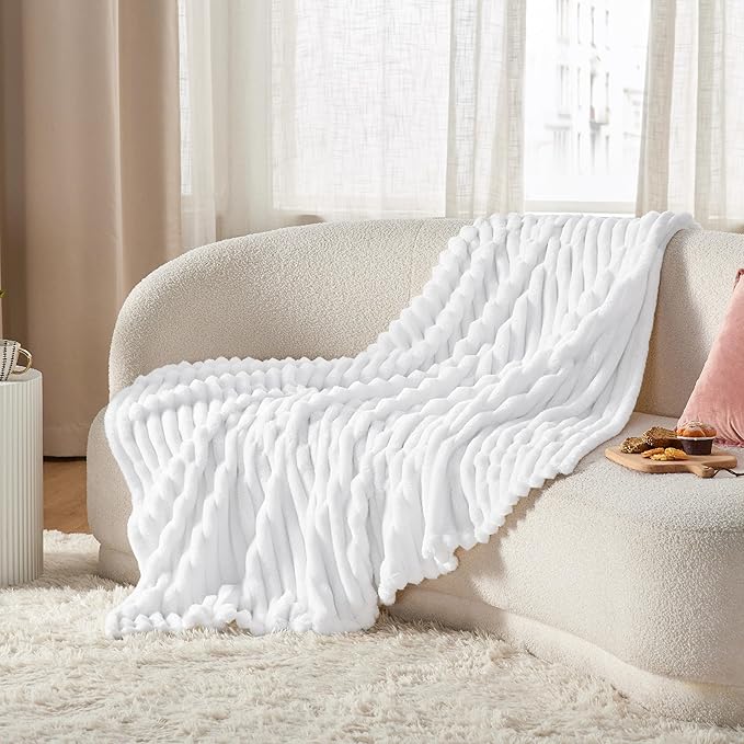 Bedsure GentleSoft White Fleece Blanket for Couch - Cozy Soft Blankets for Women, Cute Small Throws for Girls, Bright White, 50x70 Inches