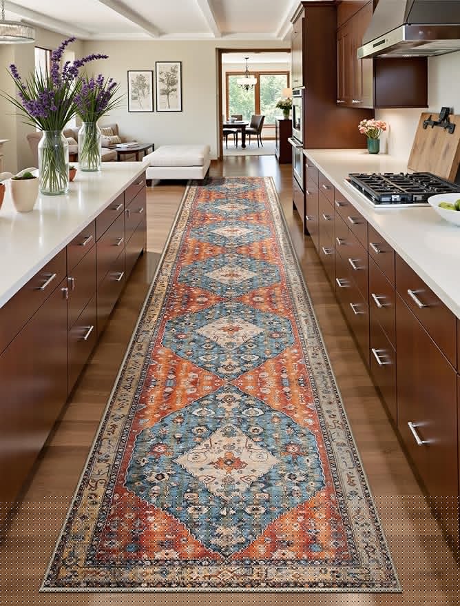 SERISSA Runner Rug for Hallways, 2'6"x16' Washable Non Slip Kitchen Runner Rug, Extra Long Boho Rug Ultra Soft Vintage Tribal Print Floor Carpet for Bedroom Hallway Entryway Bathroom Laundry Room